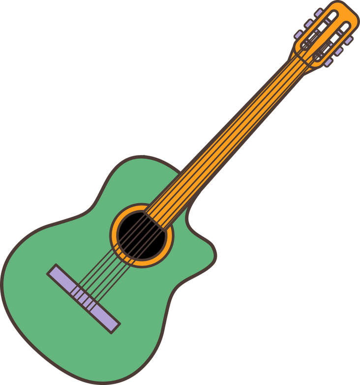 Green acoustic guitar icon in cartoon style, 70s retro clipart.