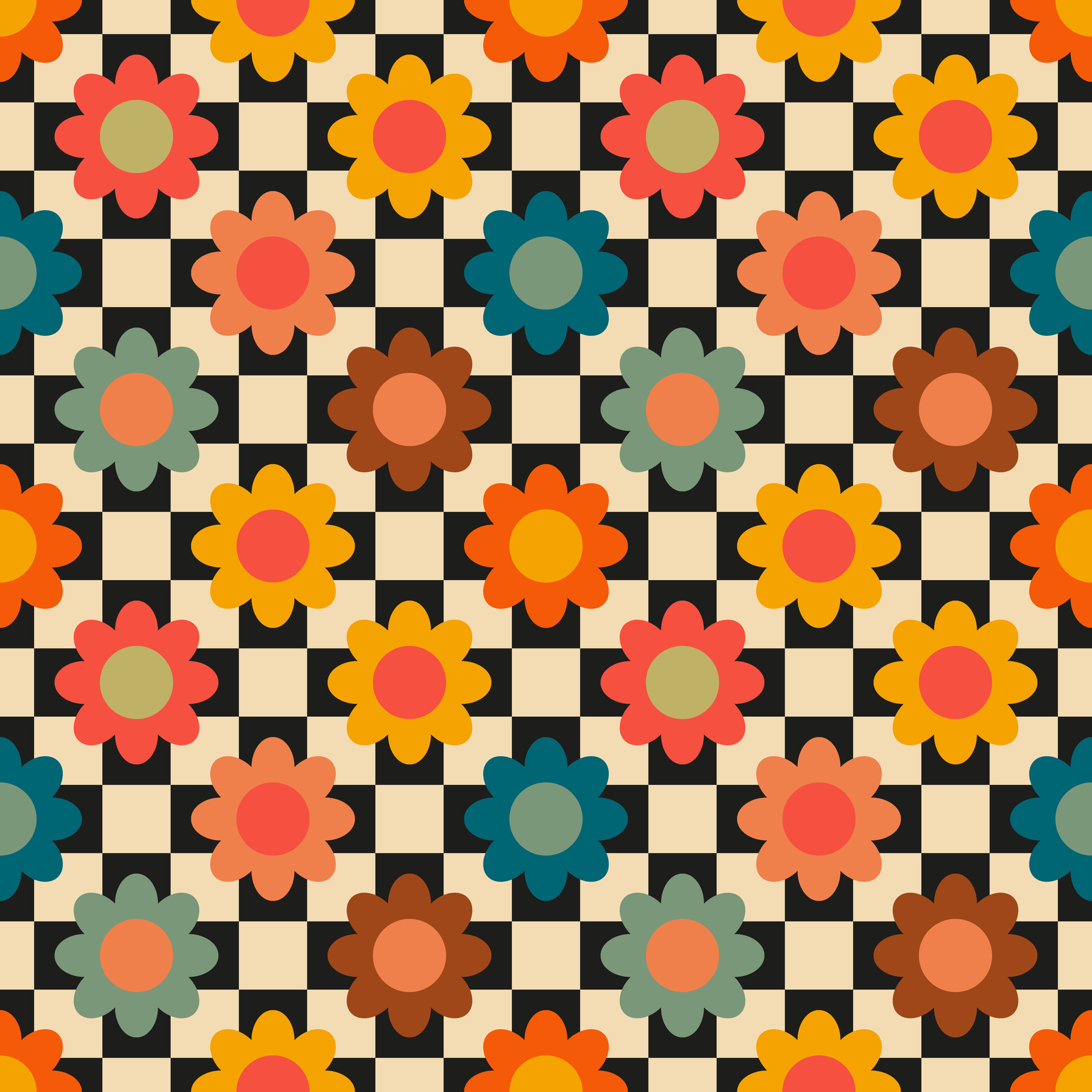 Retro seamless pattern with flowers in 60s style